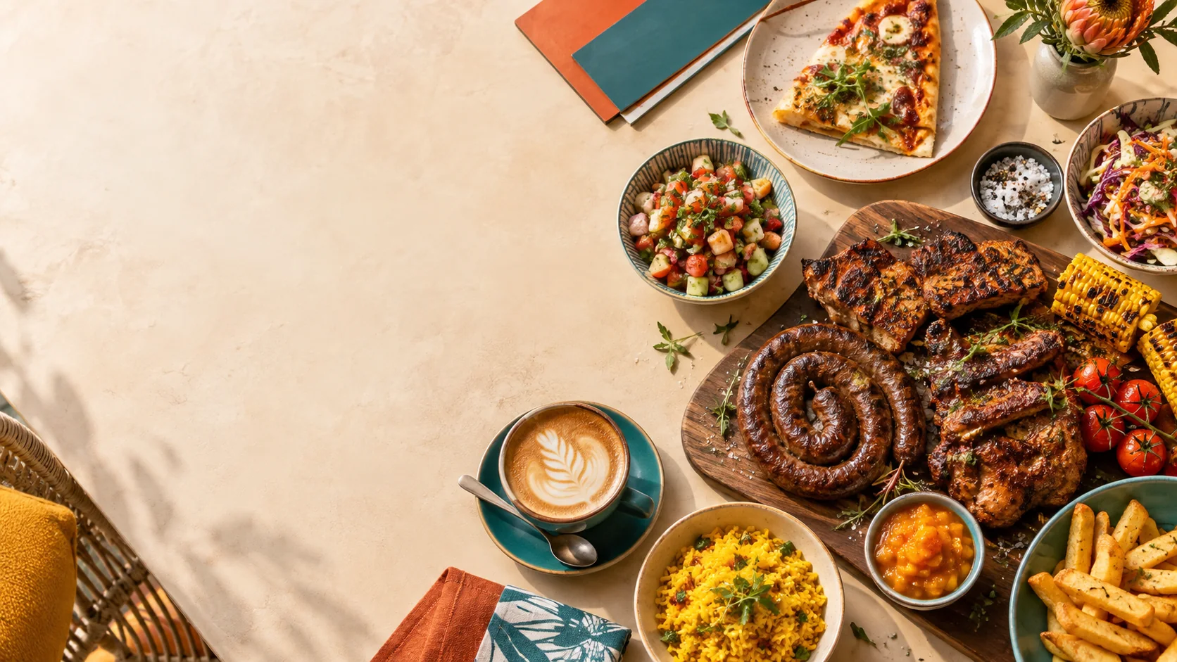 A South African table with grilled food, pizza, coffee and colourful sides