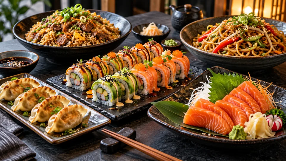 Asia Yummy sushi rolls, sashimi, dumplings, fried rice and noodles