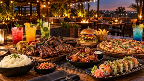 Disoufeng Pub and Restaurant braai platter, pizza, sushi and drinks on a dining table