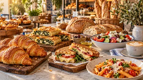 Fournos menu with croissants, fresh bread, toastie, salad, pasta and coffee