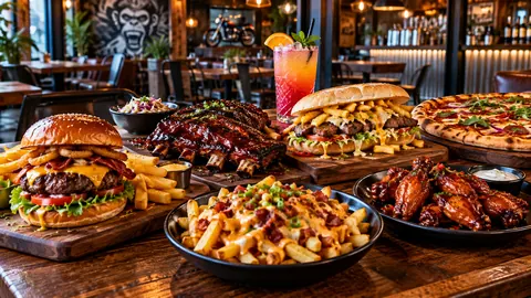 Gas Monkey burger, ribs, Gatsby sandwich, pizza, wings and iced drink