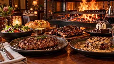 Joop’s Place open flame grill with steak, ribs, garlic roll and dessert