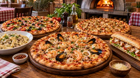 Mehanos Grassy Park pizzas, seafood pizza, pasta and toasted sub on a family table