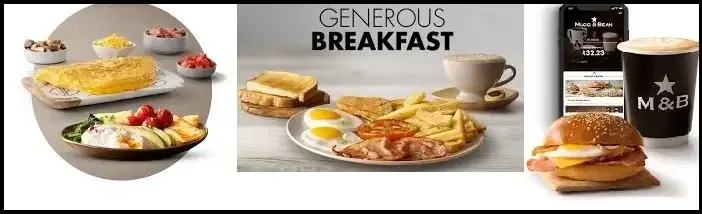 Mugg and Bean breakfast dishes with coffee