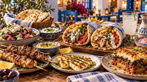 Orexi menu with Greek yiros, souvlaki, halloumi, salad and moussaka
