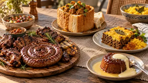 Illustrative South African table with braai meat, boerewors, bunny chow, bobotie and malva pudding